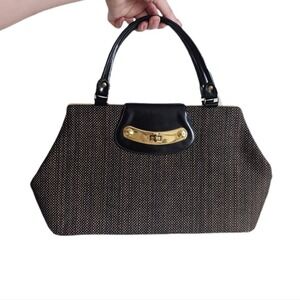 Dover Vintage 60s Brown Canvas Woven Trapezoid Leather Top Handle Tote Bag